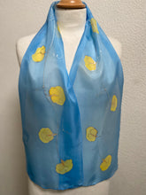 Load image into Gallery viewer, Sweet Peas Design Hand Painted Silk Neck Scarf in Light Blue, Yellow