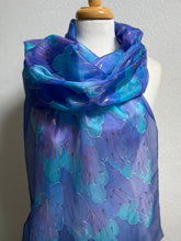 Load image into Gallery viewer, Leaves Design X Long Silk Scarf in Blues & Purple : Hand Painted Silk