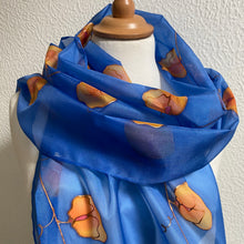 Load image into Gallery viewer, Sweet Pea Design Long Scarf : Hand Painted Silk in Blue &amp; Mandarin
