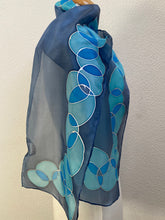 Load image into Gallery viewer, Bubbles Design Hand Painted Silk Neck Scarf in shades of Blue