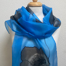 Load image into Gallery viewer, Poppy Noir Design Long Silk Scarf in Blue : Hand Painted Silk
