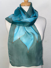 Load image into Gallery viewer, Flames Design Hand Painted Silk Neck Scarf in Green Teal Turquoise