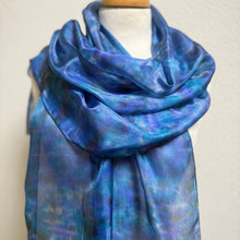 Load image into Gallery viewer, Hand Dyed Long Silk Scarf in Blue Purple Turquoise Grey by Designer Silk Artist