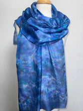 Load image into Gallery viewer, Hand Dyed Long Silk Scarf in Blue Purple Turquoise Grey by Designer Silk Artist