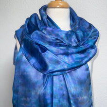 Load image into Gallery viewer, Hand Dyed Long Silk Scarf in Blue Purple Turquoise Grey by Designer Silk Artist