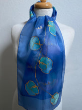 Load image into Gallery viewer, Sweet Peas Design Hand Painted Silk Neck Scarf in Blue Turquoise Aqua
