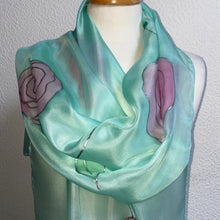 Load image into Gallery viewer, Roses Design X Long Silk Scarf in Pink & Mint : Hand Painted Silk
