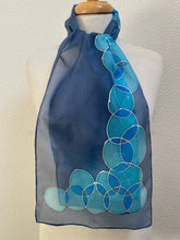 Load image into Gallery viewer, Bubbles Design Hand Painted Silk Neck Scarf in shades of Blue