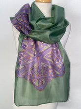 Load image into Gallery viewer, Celtic Design Silk Scarf in Green & Purple Hand Painted Silk