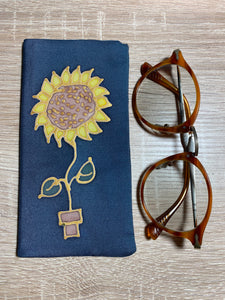 Sunflower Design Glasses Case in navy or blue Hand Painted Silk