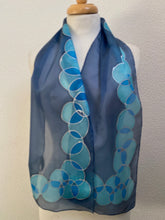 Load image into Gallery viewer, Bubbles Design Hand Painted Silk Neck Scarf in shades of Blue