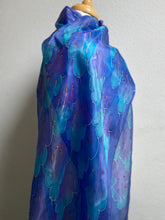 Load image into Gallery viewer, Leaves Design X Long Silk Scarf in Blues & Purple : Hand Painted Silk