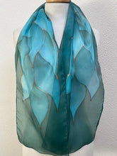 Load image into Gallery viewer, Flames Design Hand Painted Silk Neck Scarf in Green Teal Turquoise