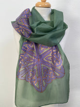 Load image into Gallery viewer, Celtic Design Silk Scarf in Green & Purple Hand Painted Silk