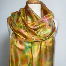 Load image into Gallery viewer, Hand Dyed Long Silk Scarf in Orange Lemon Coral Green Stripes by Designer Silk Artist
