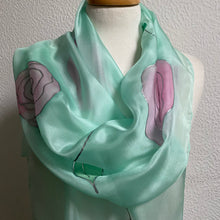 Load image into Gallery viewer, Roses Design X Long Silk Scarf in Pink & Mint : Hand Painted Silk
