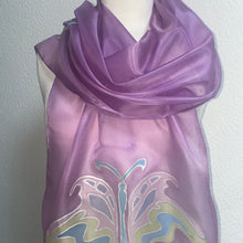 Load image into Gallery viewer, Butterfly Design X Long Silk Scarf in Orchid Pink : Hand Painted Silk