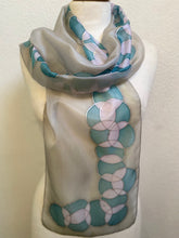 Load image into Gallery viewer, Bubbles Design Hand Painted Silk Neck Scarf in Grey Teal