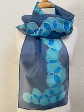 Load image into Gallery viewer, Bubbles Design Hand Painted Silk Neck Scarf in shades of Blue