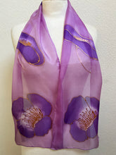 Load image into Gallery viewer, Poppies Design Hand Painted Silk Neck Scarf in Purple, Pink