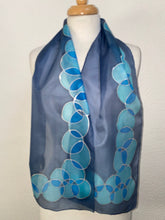 Load image into Gallery viewer, Bubbles Design Hand Painted Silk Neck Scarf in shades of Blue