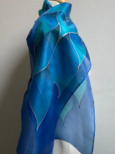Load image into Gallery viewer, Flames Design Hand Painted Silk Neck Scarf in Turquoise Blue Lapis Navy
