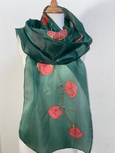 Load image into Gallery viewer, Sweet Peas Design X Long Silk Scarf in Green &amp; Red : Hand Painted Silk
