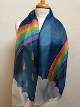 Load image into Gallery viewer, Rainbow Design Silk Scarf in Blue Silver : Hand Painted Silk by Designer Silk Artist