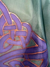 Load image into Gallery viewer, Celtic Design Silk Scarf in Green & Purple Hand Painted Silk