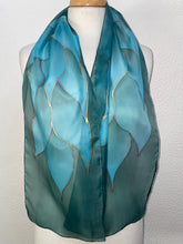 Load image into Gallery viewer, Flames Design Hand Painted Silk Neck Scarf in Green Teal Turquoise
