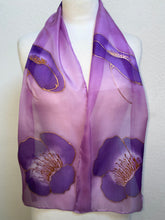 Load image into Gallery viewer, Poppies Design Hand Painted Silk Neck Scarf in Purple, Pink