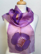 Load image into Gallery viewer, Poppies Design Hand Painted Silk Neck Scarf in Purple, Pink