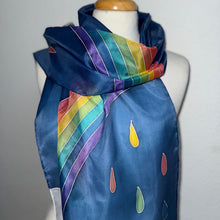 Load image into Gallery viewer, Rainbow Design Silk Scarf in Blue Silver : Hand Painted Silk by Designer Silk Artist