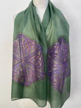 Load image into Gallery viewer, Celtic Design Silk Scarf in Green & Purple Hand Painted Silk