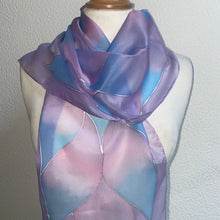 Load image into Gallery viewer, Flames Design Hand Painted Silk Neck Scarf in Lilac, Blue, Pink