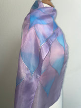 Load image into Gallery viewer, Flames Design Hand Painted Silk Neck Scarf in Lilac, Blue, Pink