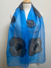 Load image into Gallery viewer, Poppy Noir Design Long Silk Scarf in Blue : Hand Painted Silk