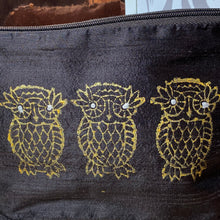 Load image into Gallery viewer, Three Owls Design Cosmetics Purse in Chocolate Brown Gold : Hand Printed Silk