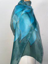 Load image into Gallery viewer, Flames Design Hand Painted Silk Neck Scarf in Green Teal Turquoise