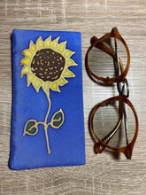 Load image into Gallery viewer, Sunflower Design Glasses Case in navy or blue Hand Painted Silk