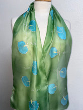 Load image into Gallery viewer, Sweet Peas Design Hand Painted Silk Neck Scarf in Apple Green Turquoise