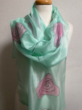 Load image into Gallery viewer, Roses Design X Long Silk Scarf in Pink & Mint : Hand Painted Silk