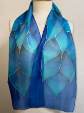 Load image into Gallery viewer, Flames Design Hand Painted Silk Neck Scarf in Turquoise Blue Lapis Navy
