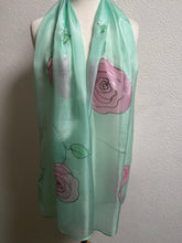 Load image into Gallery viewer, Roses Design X Long Silk Scarf in Pink & Mint : Hand Painted Silk