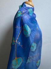 Load image into Gallery viewer, Sweet Peas Design Hand Painted Silk Neck Scarf in Blue Turquoise Aqua
