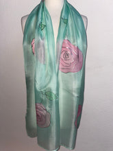 Load image into Gallery viewer, Roses Design X Long Silk Scarf in Pink & Mint : Hand Painted Silk