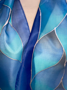 Flames Design Hand Painted Silk Neck Scarf in Turquoise Blue Lapis Navy
