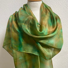 Load image into Gallery viewer, Hand Dyed Long Silk Scarf in Greens and Tan
