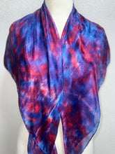 Load image into Gallery viewer, Hand Dyed Square Silk Scarf in Blues Dark Red