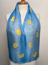 Load image into Gallery viewer, Sweet Peas Design Hand Painted Silk Neck Scarf in Light Blue, Yellow